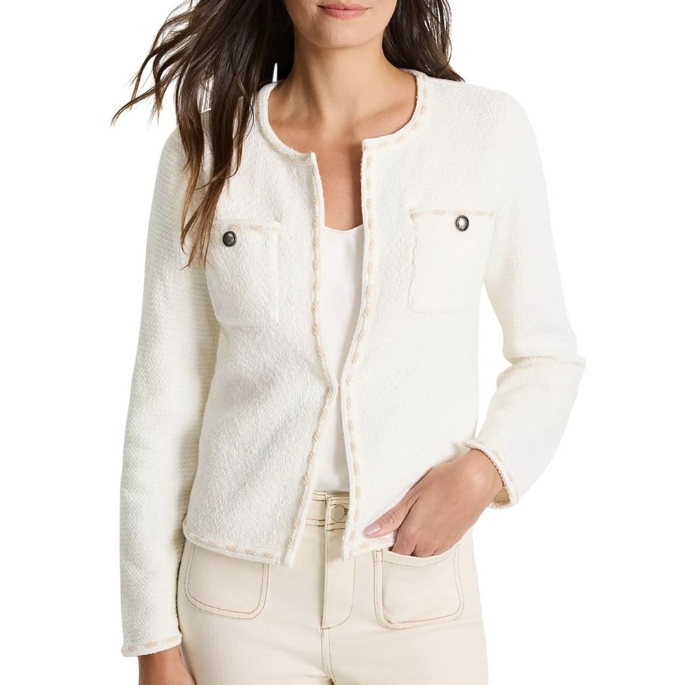 NEW NIC+ZOE Stitch Trim Knit Cardigan Sweater Jacket, Ivory - Sz XS
